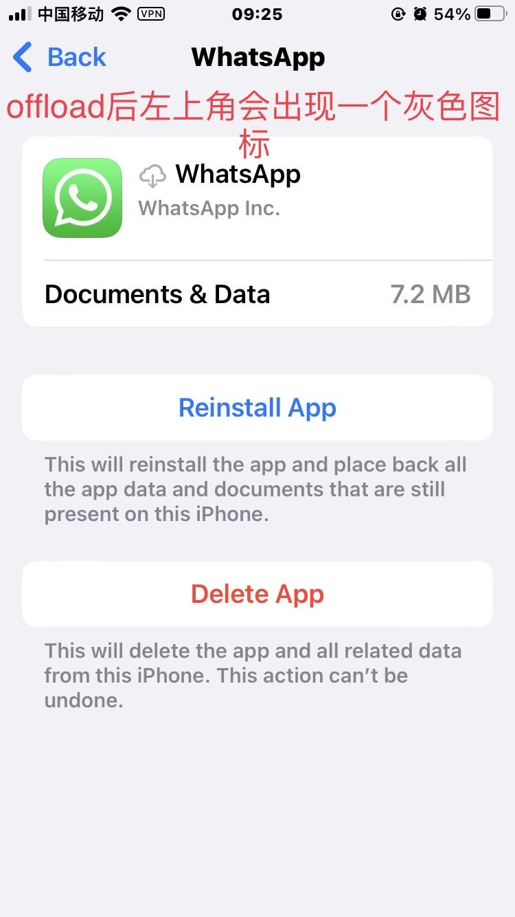 Offload WhatsApp后出现一个灰色小图标