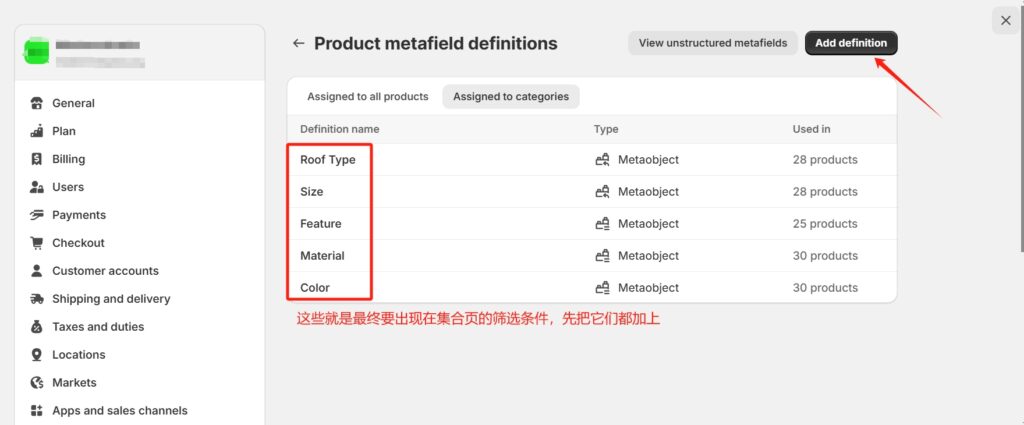 Product metafield definitions